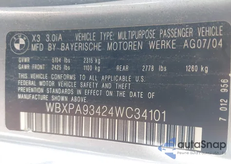 2004 BMW X3 3.0I из США, поврежденный, VIN WBXPA93424WC34101